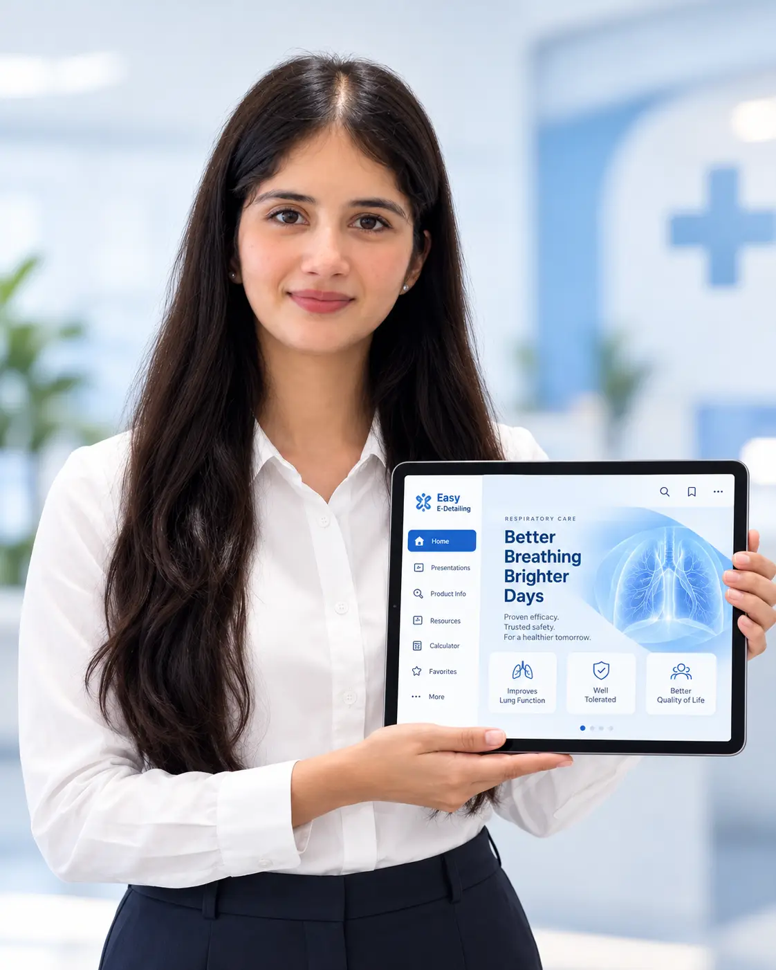 Medical representative presenting on a tablet